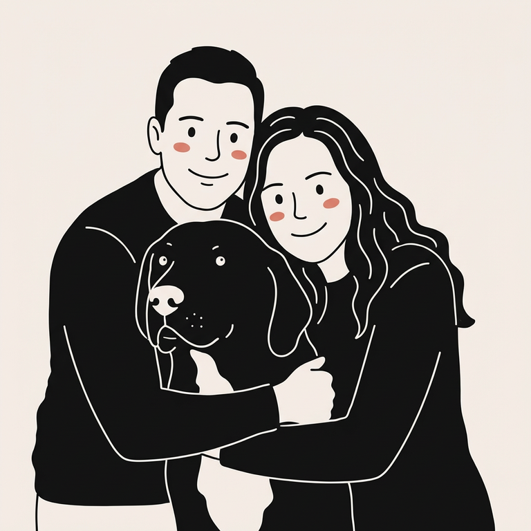 Smiling couple hugging a large brown dog outdoors